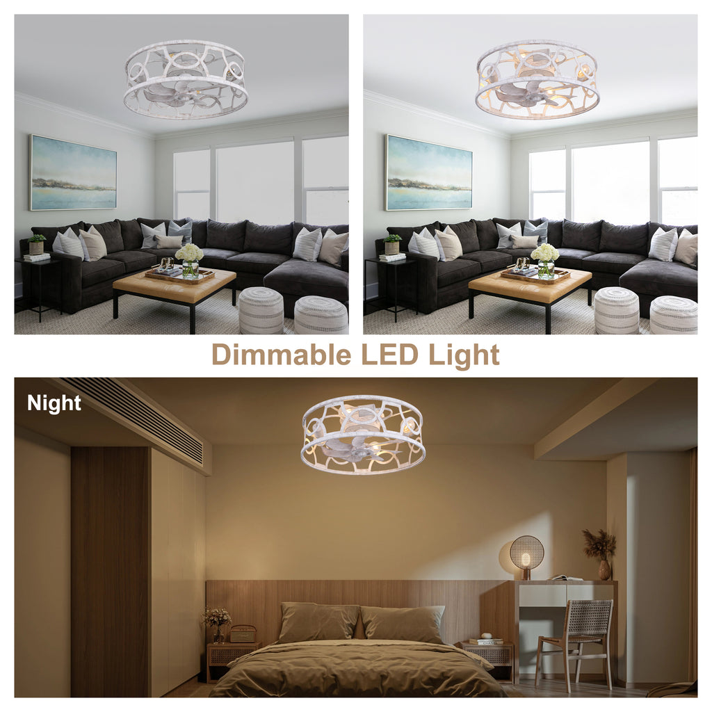 Industrial 20 Inch Caged Flush Mount Ceiling Fan with Light Quiet Reversible DC Motor with Remote Control Small Ceiling Fan Modern 7 Blades Ceiling Fan with Light Suit for Bedroom，Kitchen