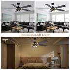Industrial 52 Inch Gold/Black Caged Ceiling Fan with Light Quiet Reversible DC Motor with 6 Speed Remote Control Ceiling Fan 5 Blades Ceiling Fan Suit for Kitchen Bedroom Living Room