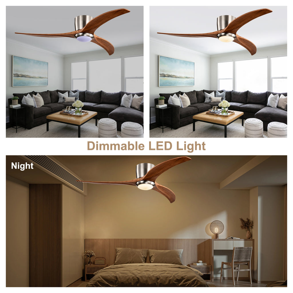 Farmhouse 52 Inch Flush Mount Ceiling Fan with LED Light Quiet DC Motor Ceiling Fan with Light 6-Speed Remote Control Ceiling Fan with Light Suit for Bedrooms, Living Rooms, Kitchens