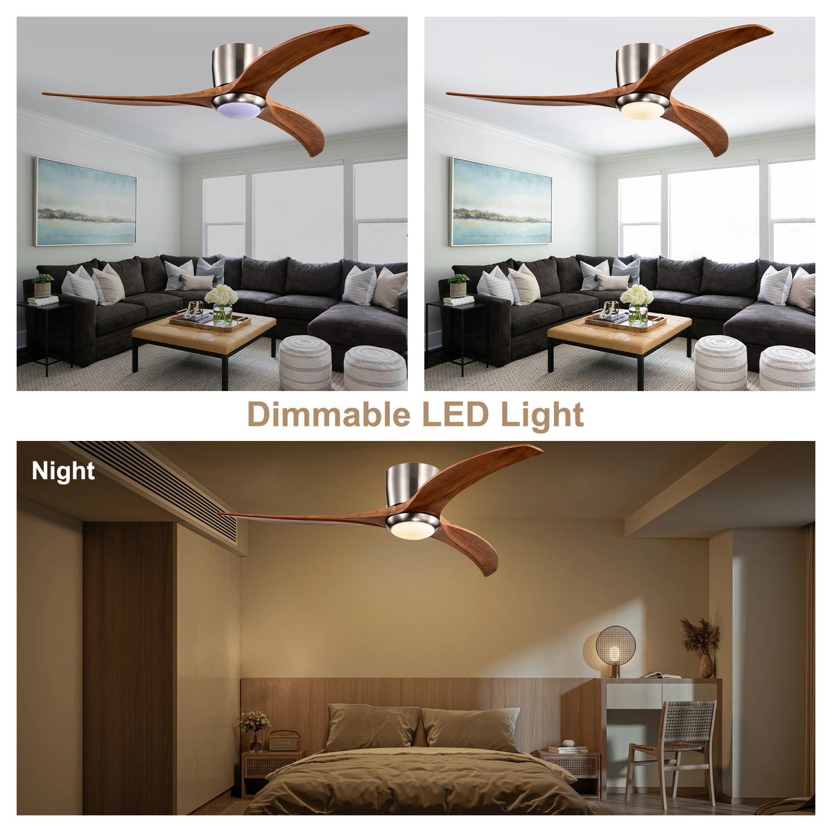 Farmhouse 52 Inch Flush Mount Ceiling Fan with LED Light Quiet DC Motor Ceiling Fan with Light 6-Speed Remote Control Ceiling Fan with Light Suit for Bedrooms, Living Rooms, Kitchens