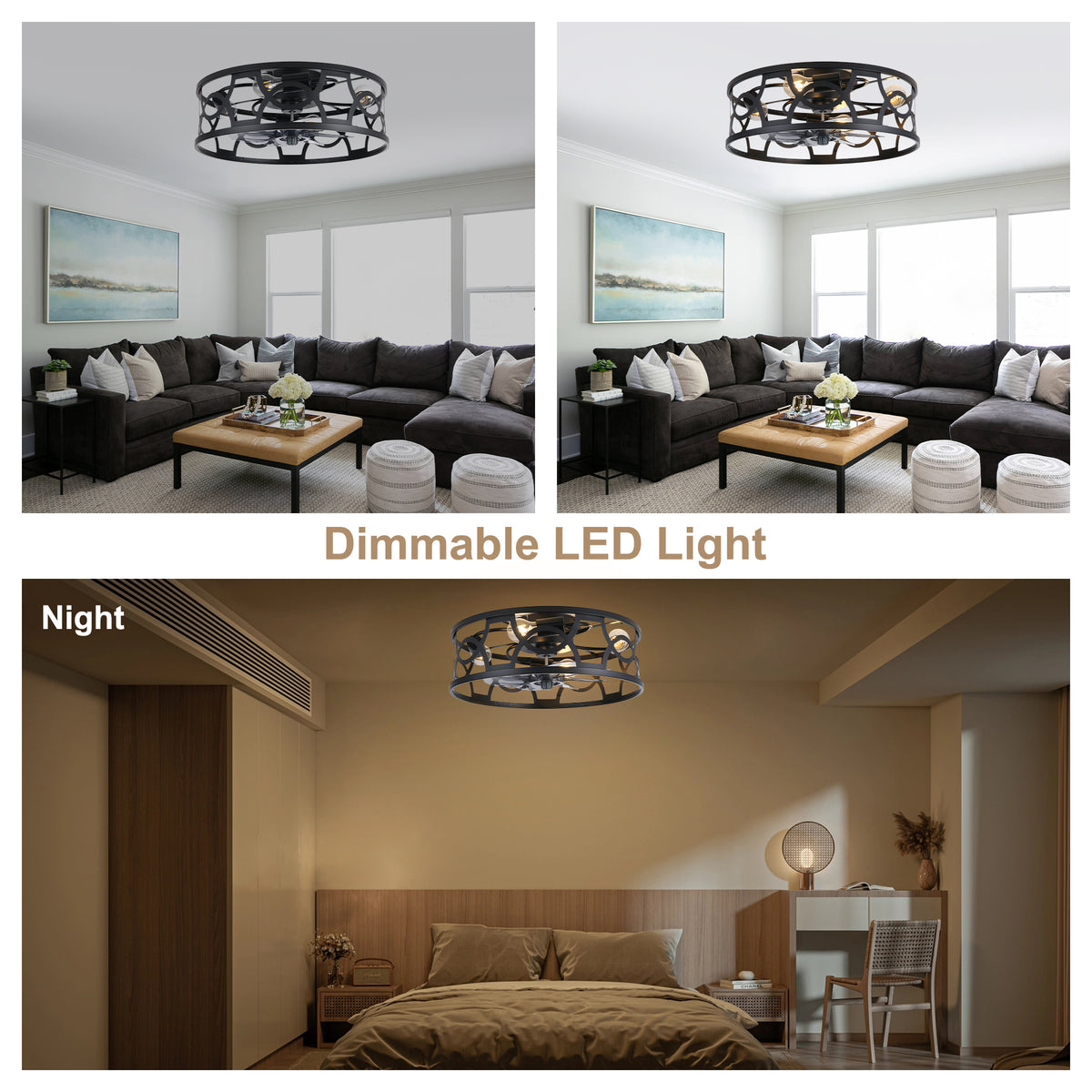 Industrial 20 Inch Caged Flush Mount Ceiling Fan with Light Quiet Reversible DC Motor with Remote Control Small Ceiling Fan Modern 7 Blades Ceiling Fan with Light Suit for Bedroom，Kitchen
