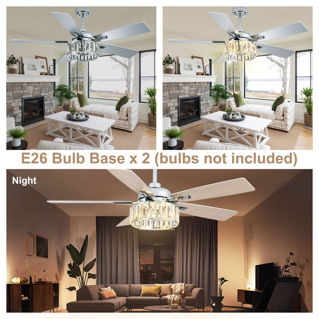 52 Inch Chrome Contemporary Glam Ceiling Fan with Lights and Remote Control, 6 Speeds Reversible Ceiling Fan with Crystals