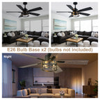 52 Inch Black Farmhouse Ceiling Fan with Lights and Remote Control,6 Speeds Dual-Finish Blades Caged Ceiling Fan