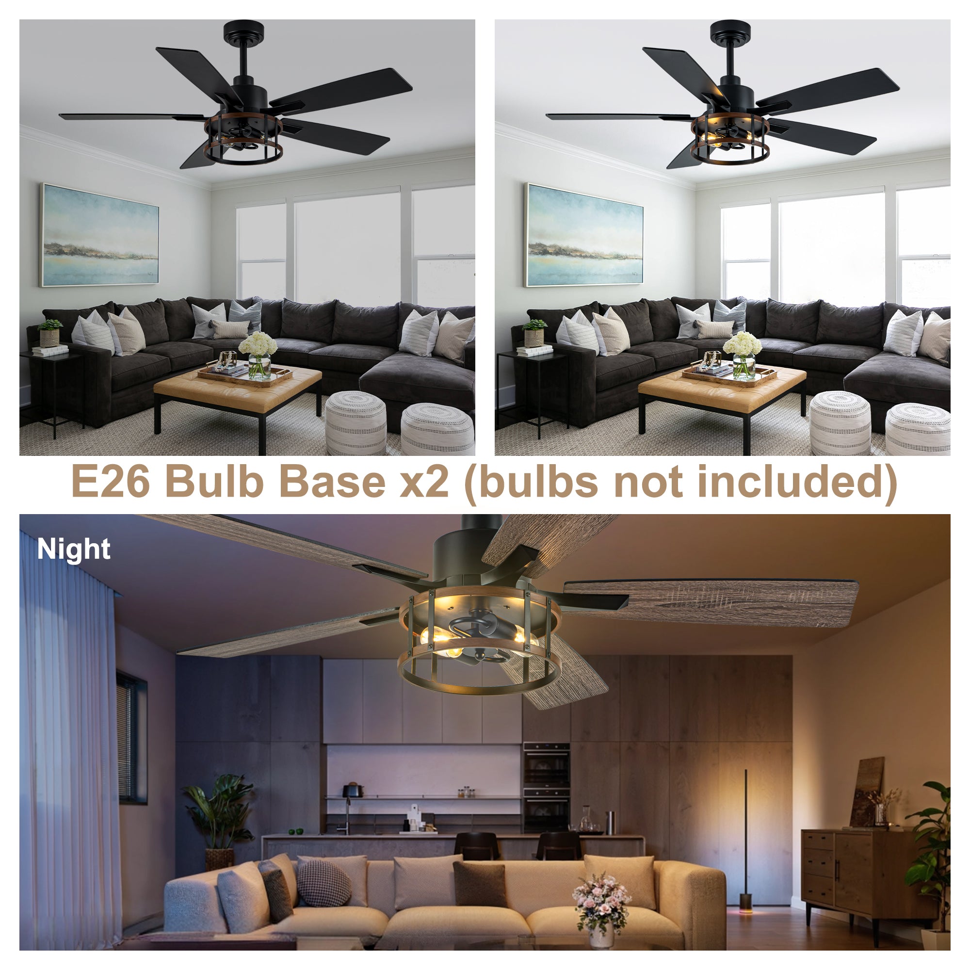 52 Inch Black Farmhouse Ceiling Fan with Lights and Remote Control,6 Speeds Dual-Finish Blades Caged Ceiling Fan
