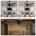 52 Inch Industrial Metal Caged Ceiling Fan with Lights and Remote Control, Silent DC Motor Fan for All Seasons