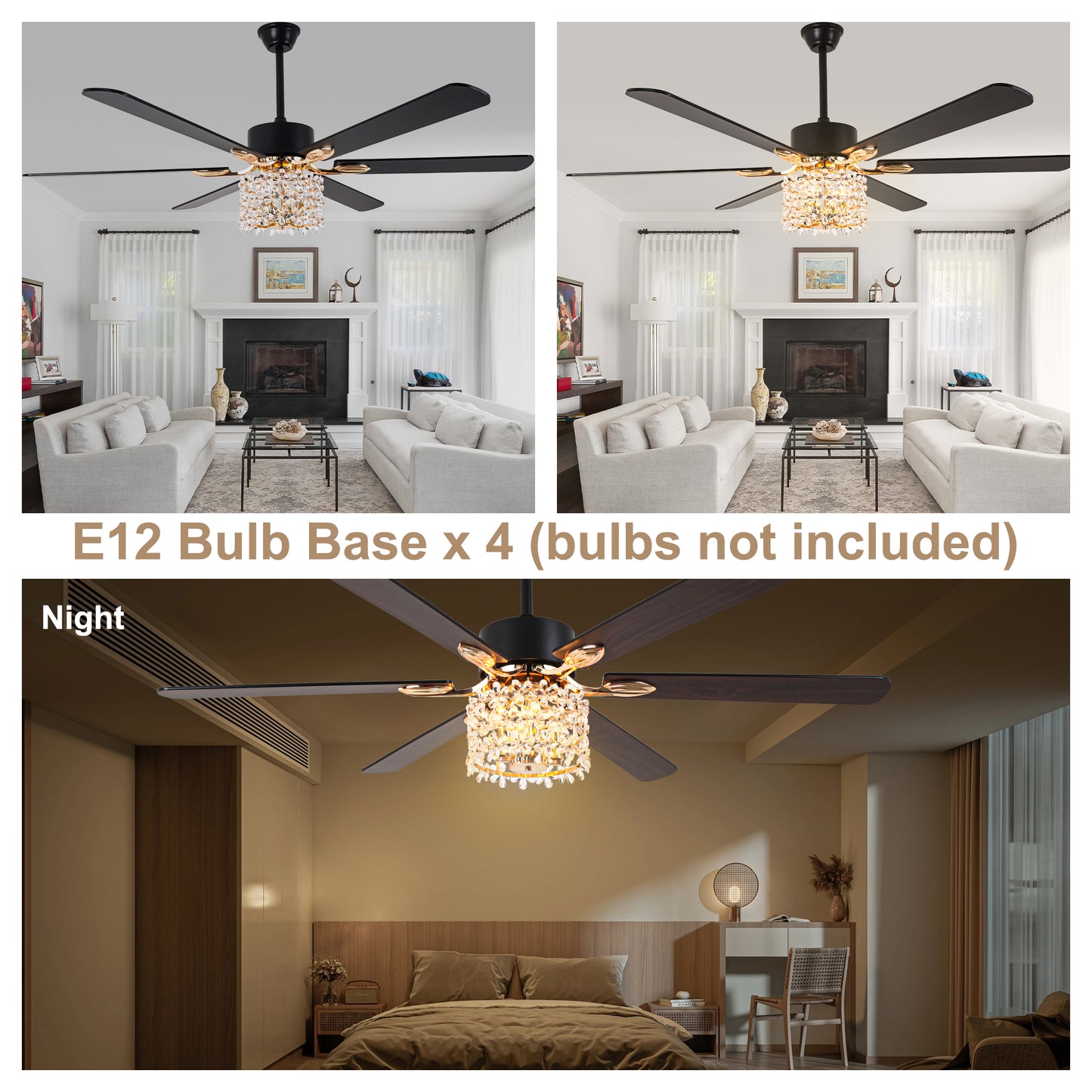 BellaDepot 65" Luxury Crystal Shape Flower Caged Ceiling Fan with Remote Control and 3 Lights, Black or Silver Silent Straight Leaf Fan for All Seasons - DC6510-B/C