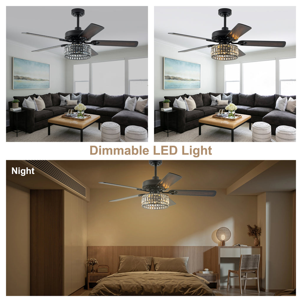 Luxury 52 Inch Crystal Caged Ceiling Fan with Light Reversible Wood Blades Quiet DC Motor Ceiling Fan Remote Control Timing Ceiling Fan Suit for Living Room, Kitchen, Bedroom