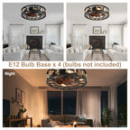 19 Inch Black Farmhouse Flush Mount Ceiling Fan with Lights and Remote, 6 Speeds DC Motor Bladeless Ceiling Fans for Low Profile Ceiling