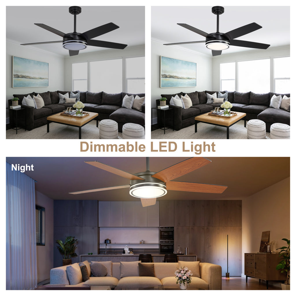52 Inch Modern Black/Chrome Ceiling Fan with Dimmable LED Lights and Remote Control, 6 Speeds DC Motor Reversible Ceiling Fan for Large Room