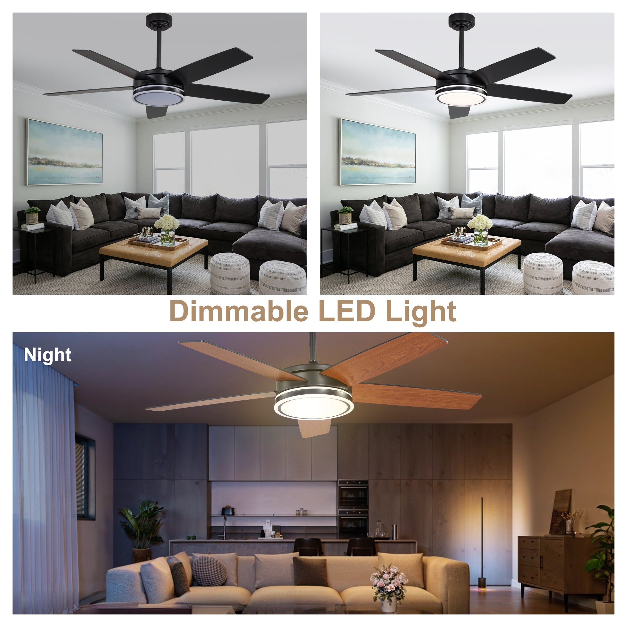 52 Inch Modern Black/Chrome Ceiling Fan with Dimmable LED Lights and Remote Control, 6 Speeds DC Motor Reversible Ceiling Fan for Large Room