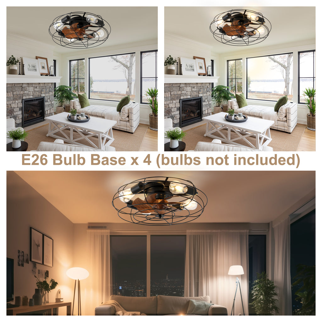 20 Inch Farmhouse Industrial Flush Mount Ceiling Fan with Lights and Remote, 6 Speeds DC Motor Bladeless Caged Ceiling Fan for Bedroom