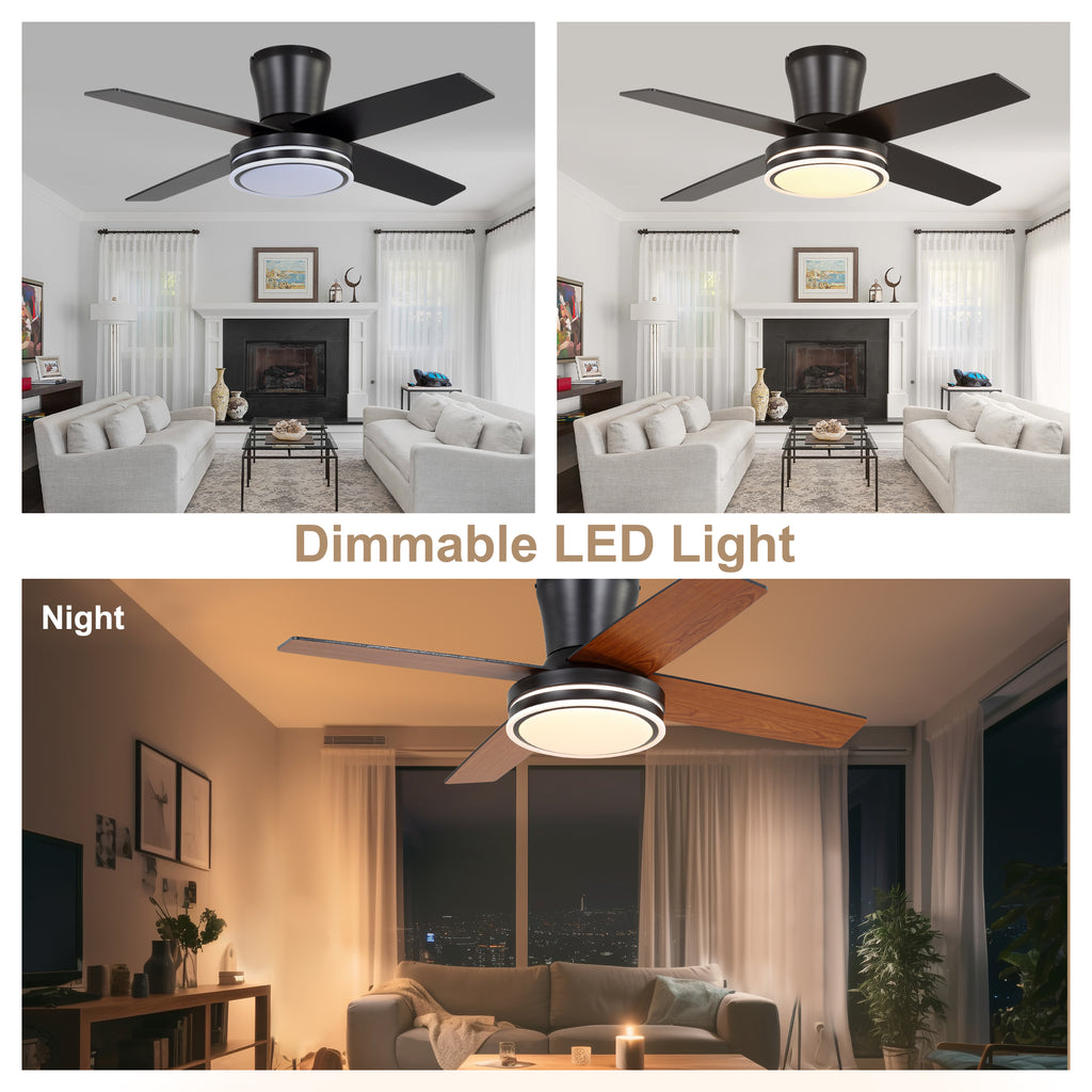 44 Inch Black/Chrome Modern Flush Mount Ceiling Fan with Dimmable LED Lights and Remote, 6 Speeds DC Motor Low Profile Ceiling Fan