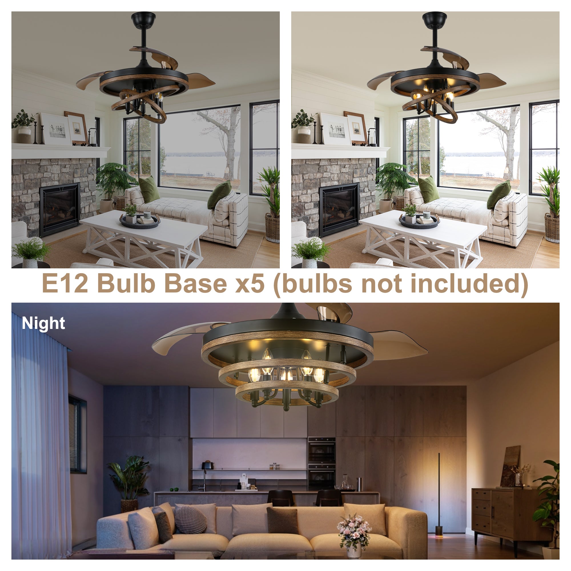 42 Inch Black Farmhouse Retractable Ceiling Fan with Lights and Remote Control, 6 Speeds Reversible Fandelier Ceiling Fan with DIY Shade