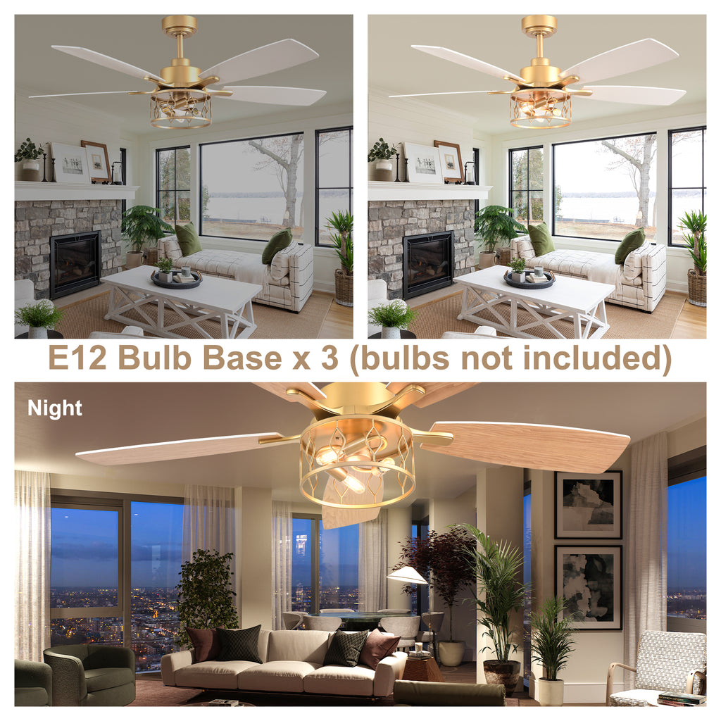 52 Inch Golden Modern Ceiling Fan with Lights and Remote Control, 6 Speeds DC Motor Reversible Ceiling Fan for Living Room