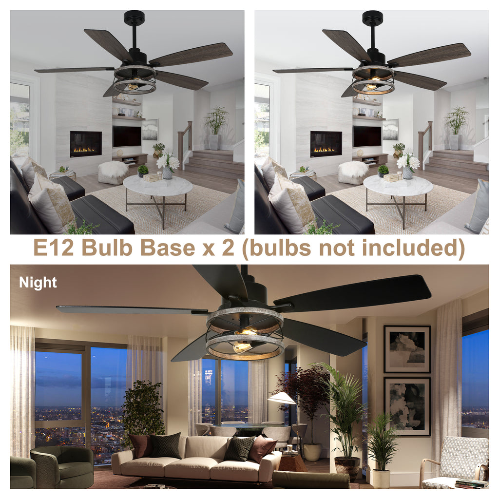 52 Inch Black Farmhouse Ceiling Fan with Lights and Remote Control, 6 Speeds DC Motor Reversible Caged Ceiling Fan