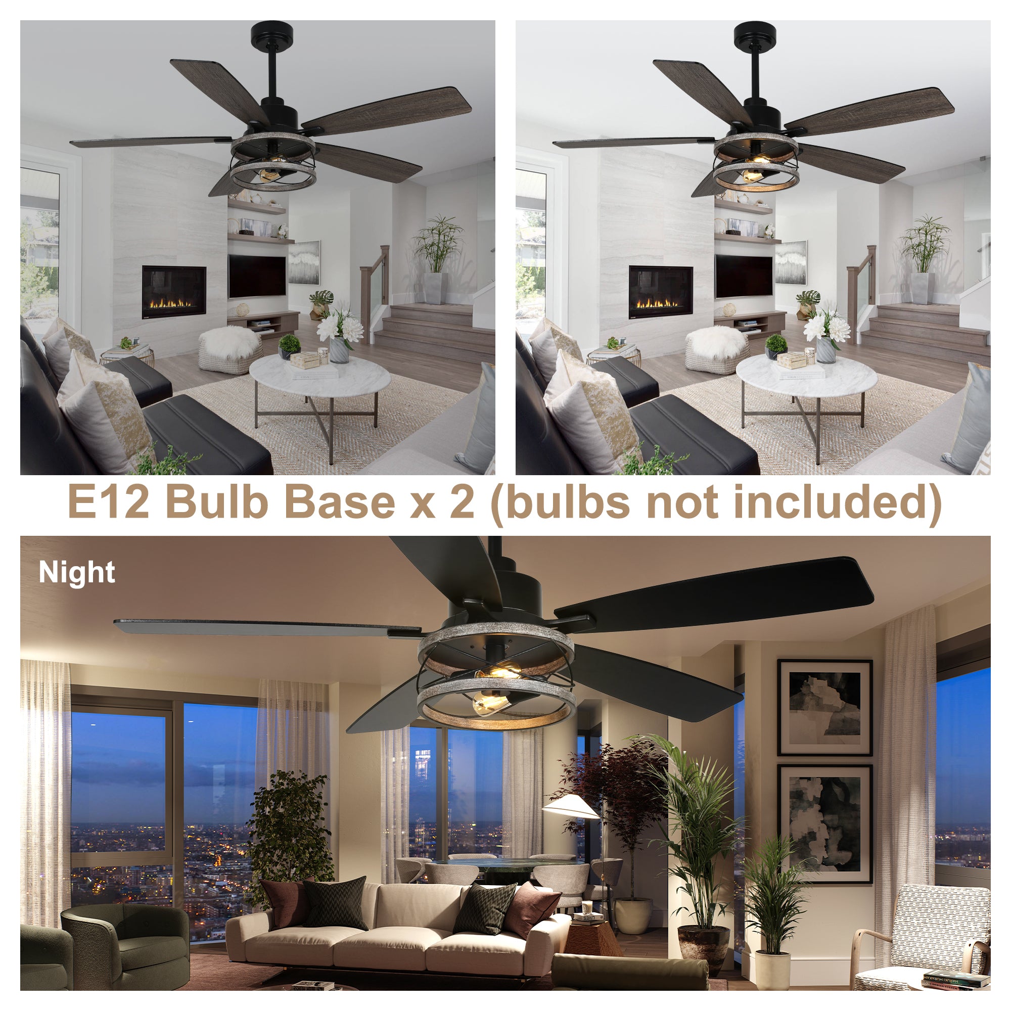 52 Inch Black Farmhouse Ceiling Fan with Lights and Remote Control, 6 Speeds DC Motor Reversible Caged Ceiling Fan