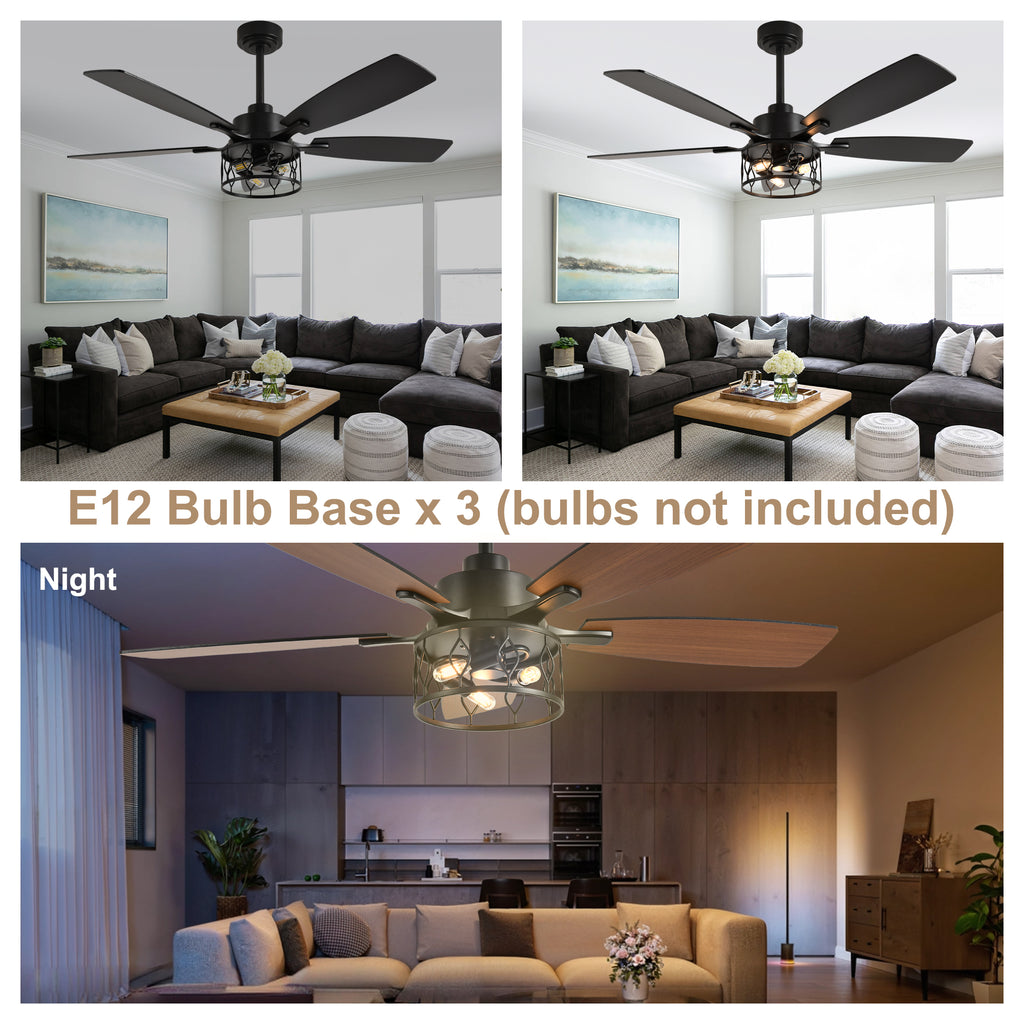 52 Inch Black Modern Ceiling Fan with Lights and Remote Control, 6 Speeds DC Motor Reversible Ceiling Fan for Living Room