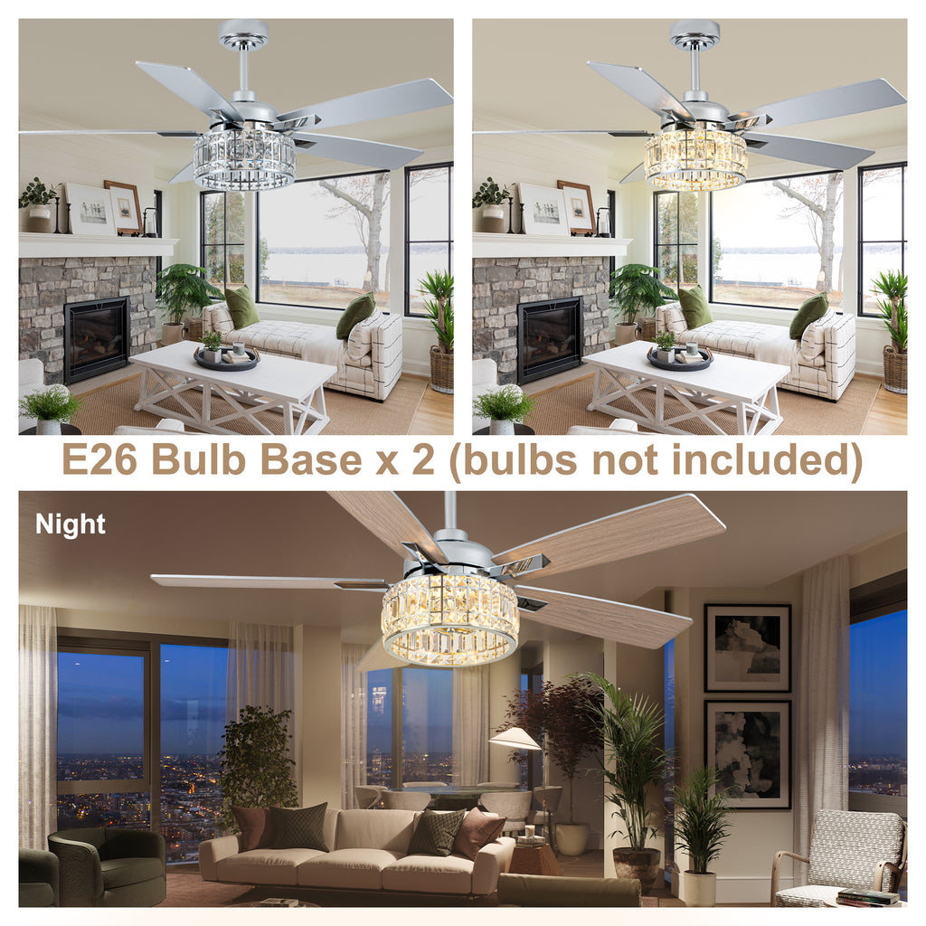 52 Inch Luxury Crystal Caged Chrome Ceiling Fan with Remote, 6-Speed Adjustable, Light Included, Reversible Blades for Living Room & More