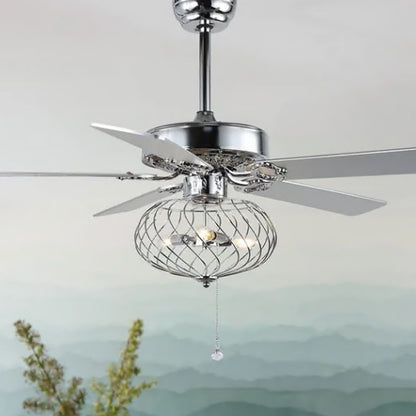 BD2028-42"/48"/52" Large Industrial Caged Reversible Ceiling Fan, with Remote and 3 Lights, 5 Wooden Blades