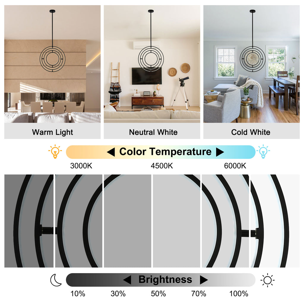 19.7 Inch Modern Round LED Chandelier with DIY Shade, Black Industrial Pendant Light Height Adjustable