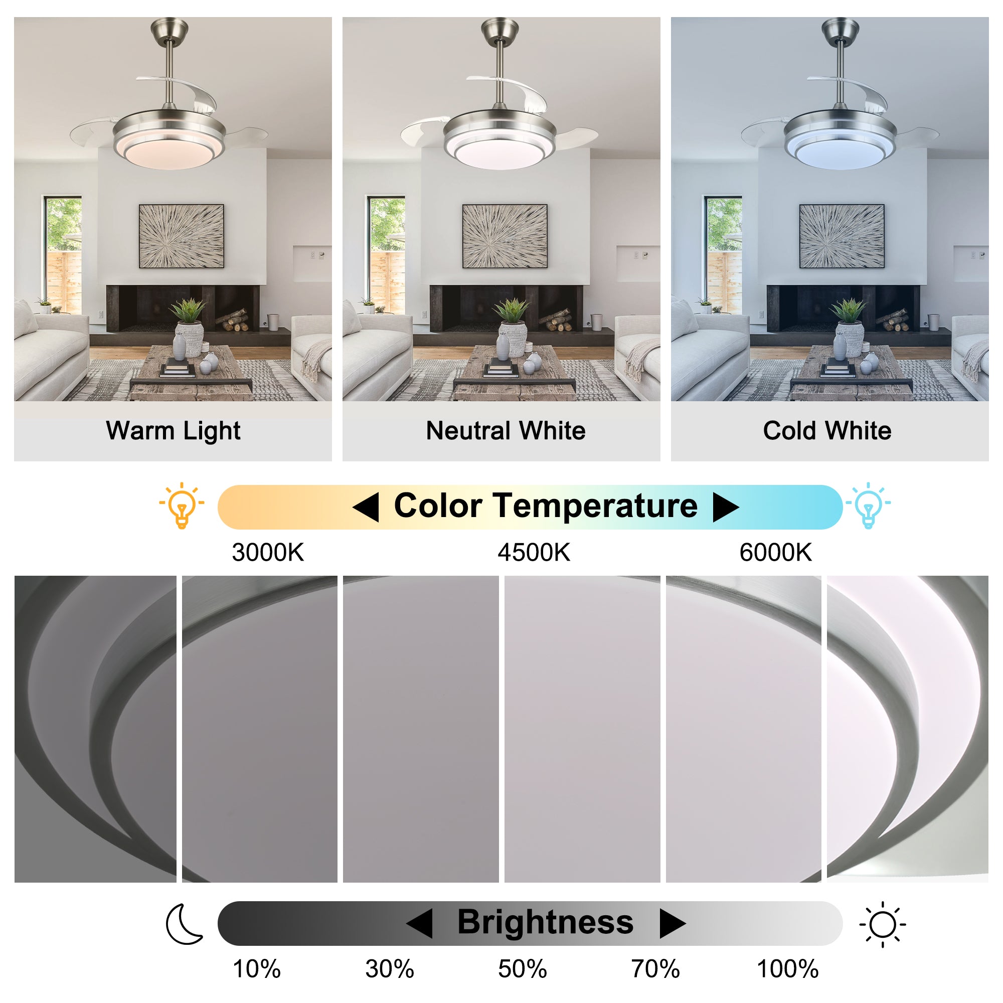 36 Inch Chrome Modern Retractable Ceiling Fan with LED Light and Remote, 6 Speeds DC Motor Bladeless Fandelier Ceiling Fan