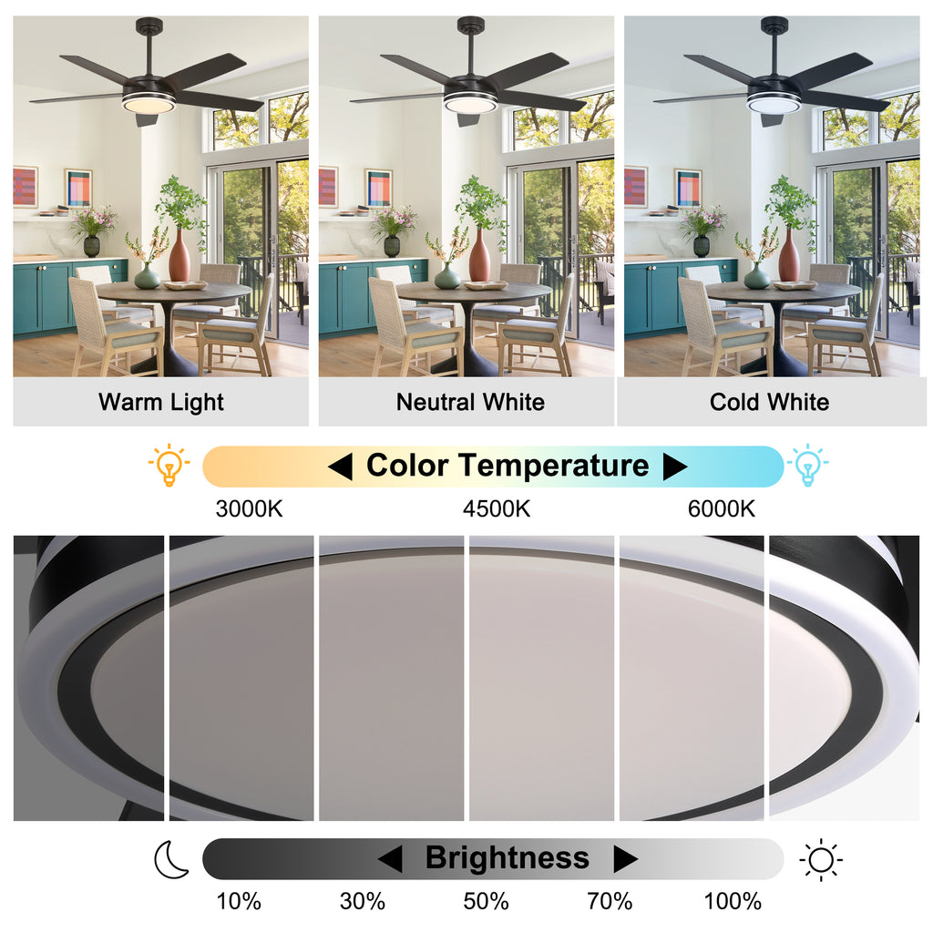 52 Inch Modern Black/Chrome Ceiling Fan with Dimmable LED Lights and Remote Control, 6 Speeds DC Motor Reversible Ceiling Fan for Large Room