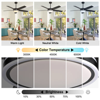 BellaDepot 52" Modern Contemporary Black or Chrome LED Ceiling Fan with Remote Control and Lights, Reversible 6 Speeds Ceiling Fan for All Seasons - DC5225-B/C