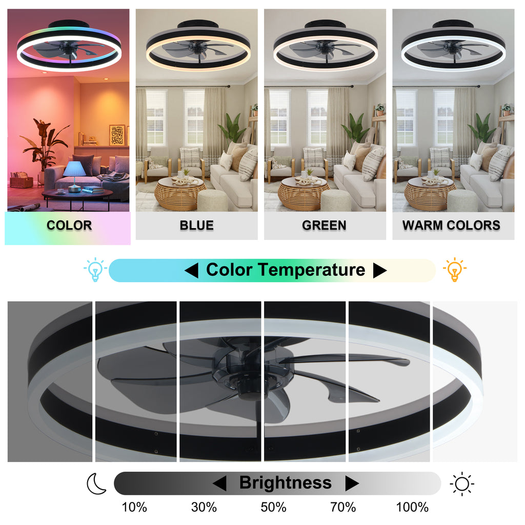 20 Inch Modern Smart Flush Mount Ceiling Fan with Dimmable LED Light and Remote, 6 Speeds DC Motor Reversible Bladeless Celing Fan for Bedroom