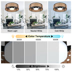 Bohemian 20 Inch Flush Mount Ceiling Fan with Light Caged Bamboo and Paper Rope Woven Shade Ceiling Fan with Ligth Dimmable LED and Reversible DC Motor Ceiling Fan Suit for Bedroom, Kitchen