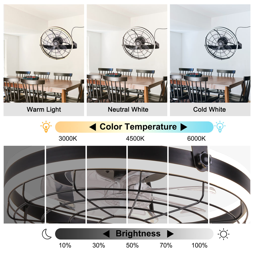 23 Inch Black Modern Wall Mounted Caged Ceiling Fan with Dimmable LED Lights and Remote, 6 Speeds Plug In Bladeless Ceiling Fan