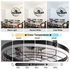 23 Inch Black Modern Wall Mounted Caged Ceiling Fan with Dimmable LED Lights and Remote, 6 Speeds Plug In Bladeless Ceiling Fan