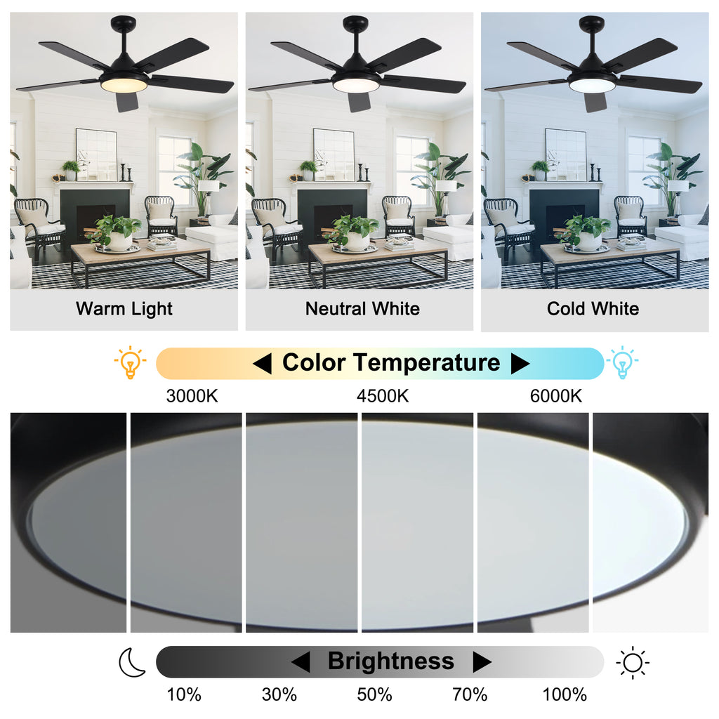 52 Inch Black Modern Ceiling Fan with LED Light, 6-Speed Reversible DC Motor, 5 Dual-Finish Wood Blades, Remote Control, Adjustable Height