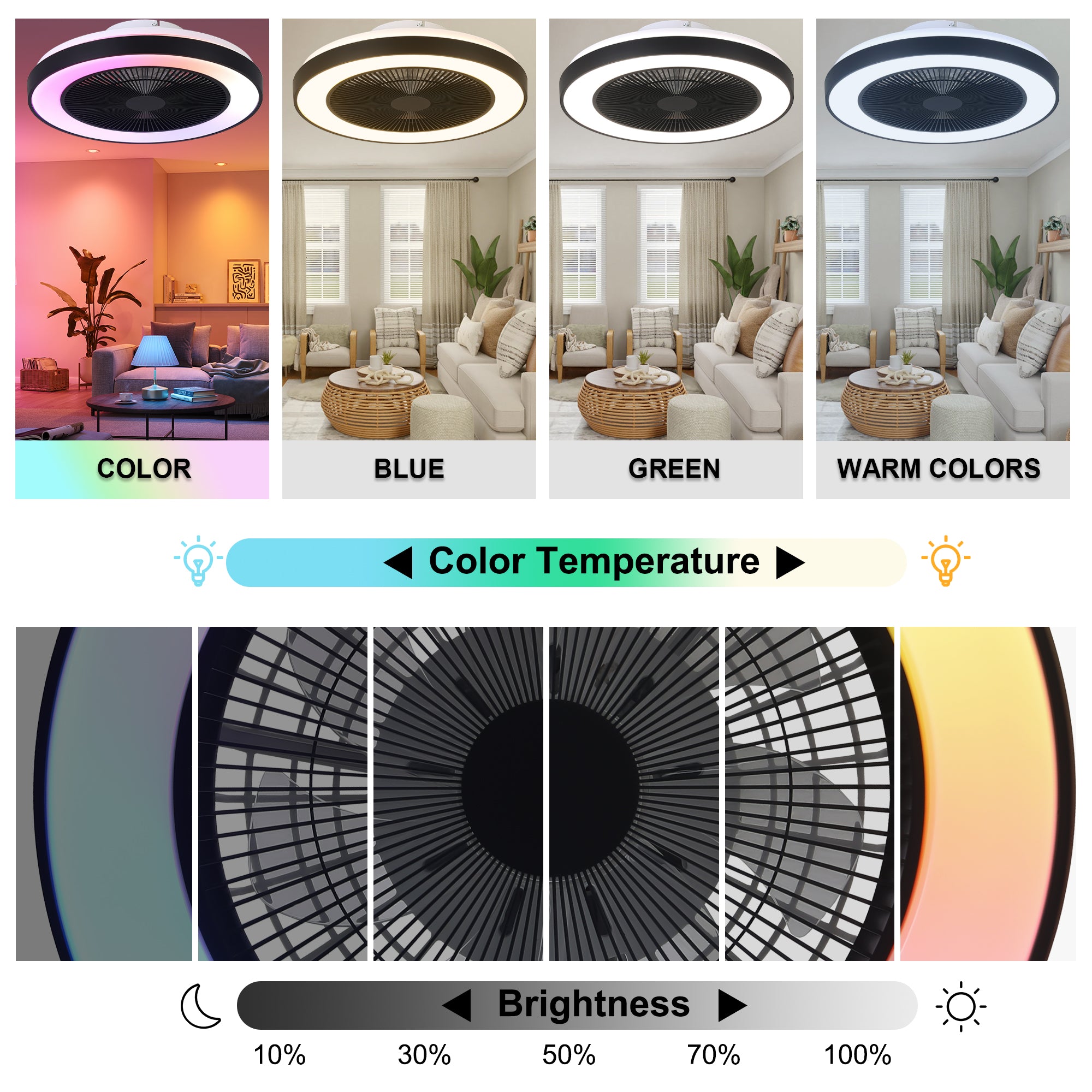 19 Inch Modern Smart Flush Mount Ceiling Fan with Dimmable LED Light and Remote, 6 Speeds DC Motor Bladeless Ceiling Fan for Low Profile with RGB Light