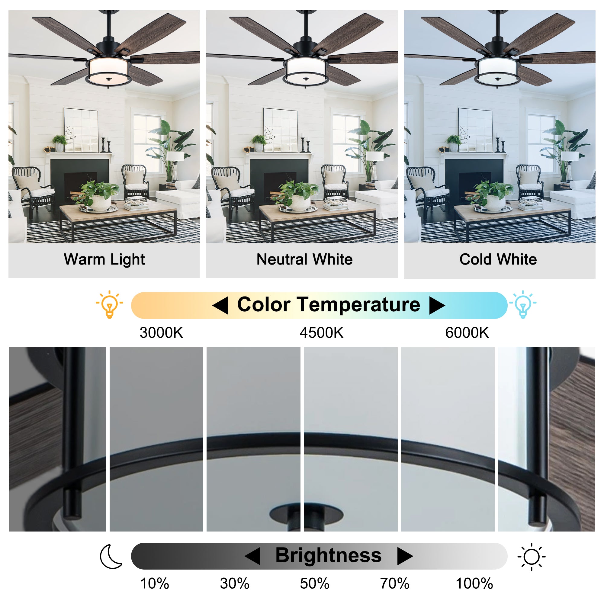 60 Inch Black Farmhouse Large Ceiling Fan with Dimmable 3CCT LED Light and Remote, 6 Speeds DC Motor Reversible Ceiling Fan for Large Rooms