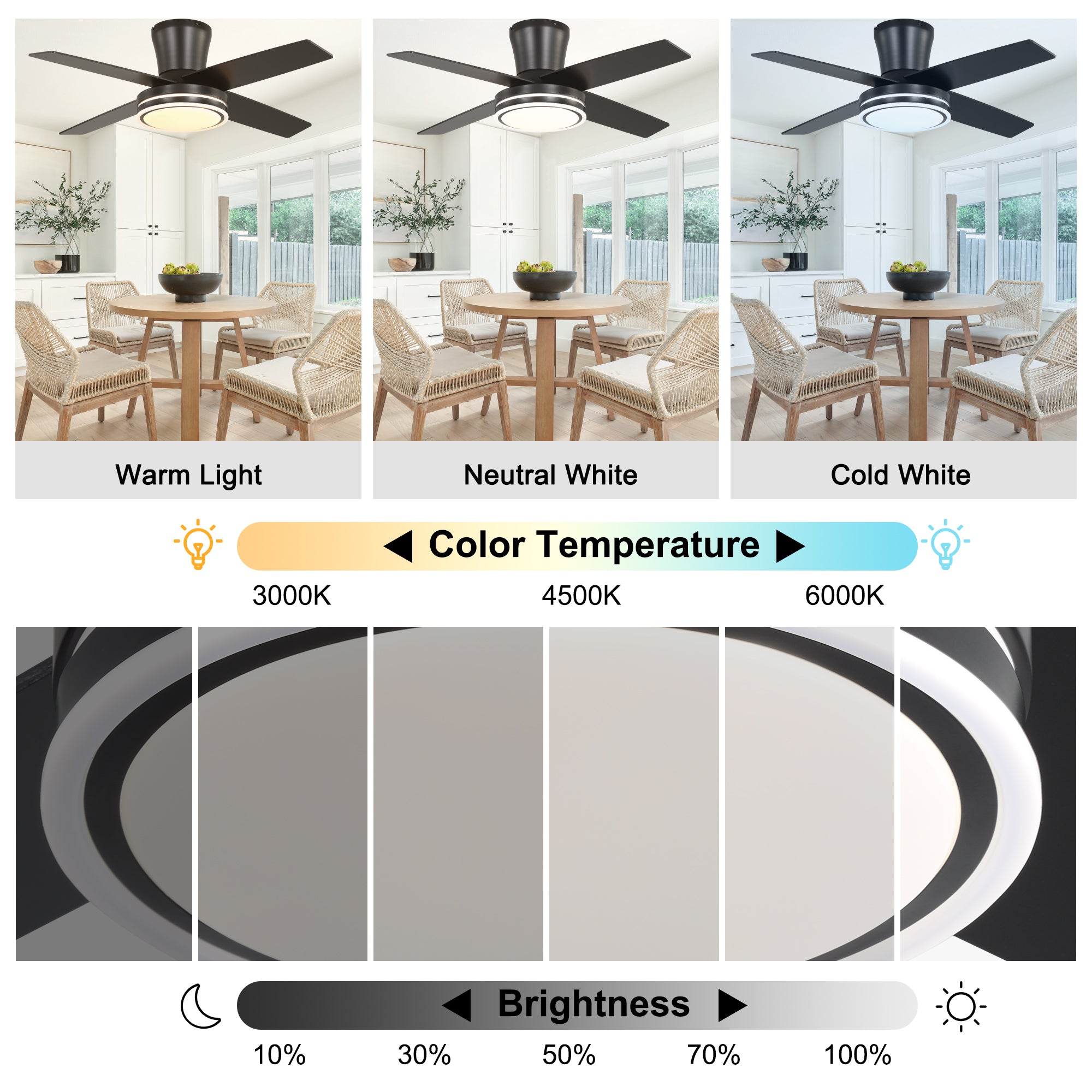 44 Inch Black/Chrome Modern Flush Mount Ceiling Fan with Dimmable LED Lights and Remote, 6 Speeds DC Motor Low Profile Ceiling Fan