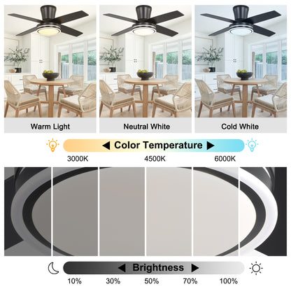 DC4401-B/C-BellaDepot 44" Modern Contemporary Silver or Black LED Ceiling Fan with Remote and Lights, Standard Flush Mount Ceiling Fan for Living Room