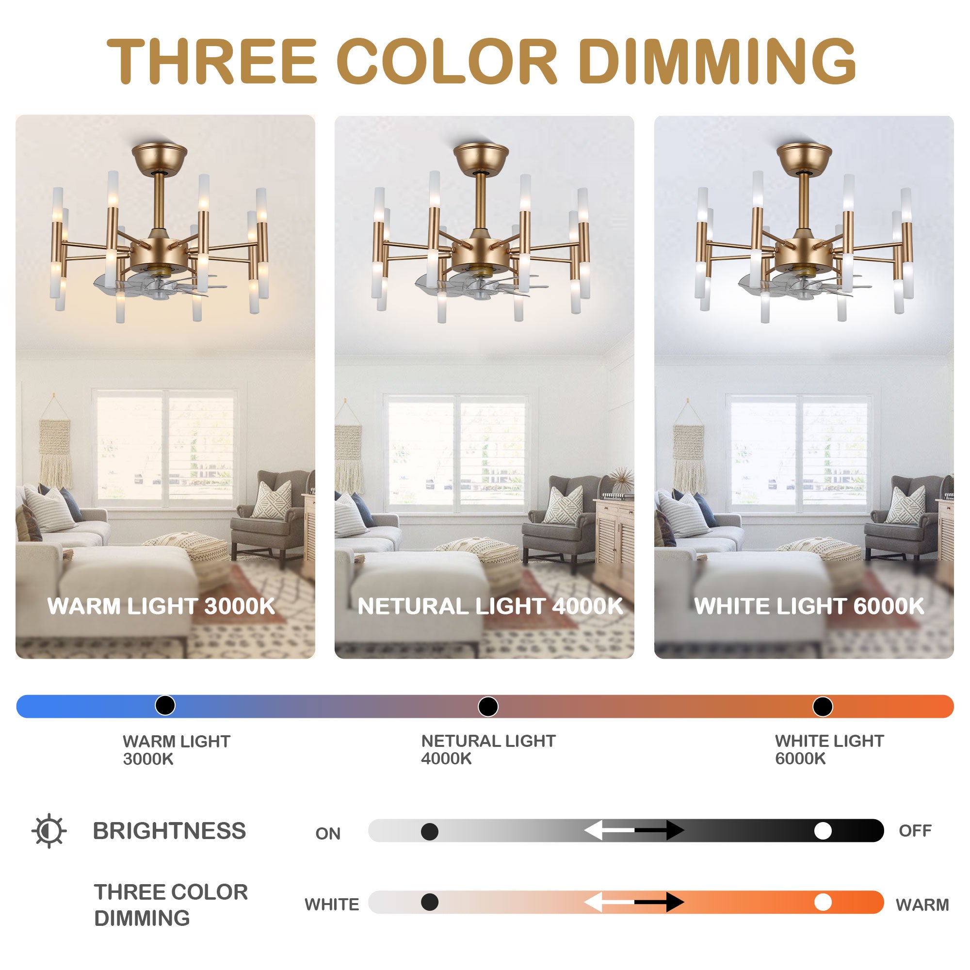 23 Inch Gold Modern Bladeless Ceiling Fan with Dimmable Lights and Remote Control, 6 Speeds DC Motor Fandelier Ceiling Fan for Bedroom