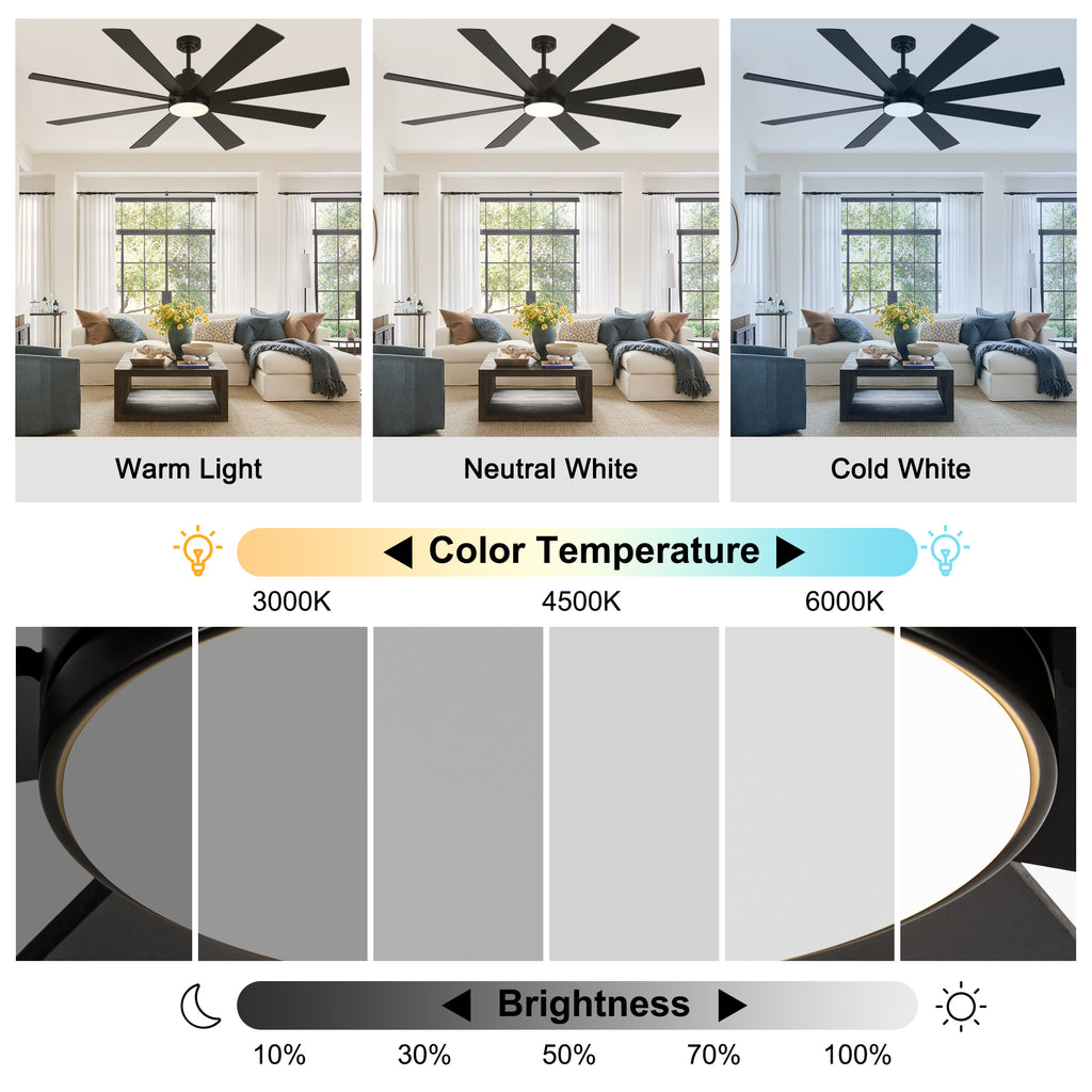 72 Inch Black Modern Ceiling Fan with LED Light and Remote, 6 Speeds DC Motor Reversible Extra Large Ceiling Fan for Living Room