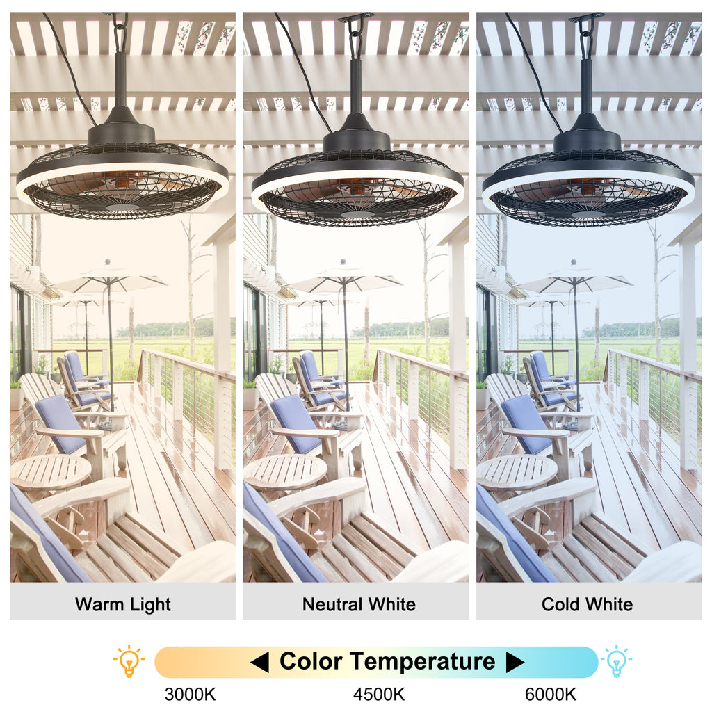 HW2001-BellaDepot 20" Compact Outdoor Caged Ceiling Fan with Remote Control, Waterproof Fan with LED Lights