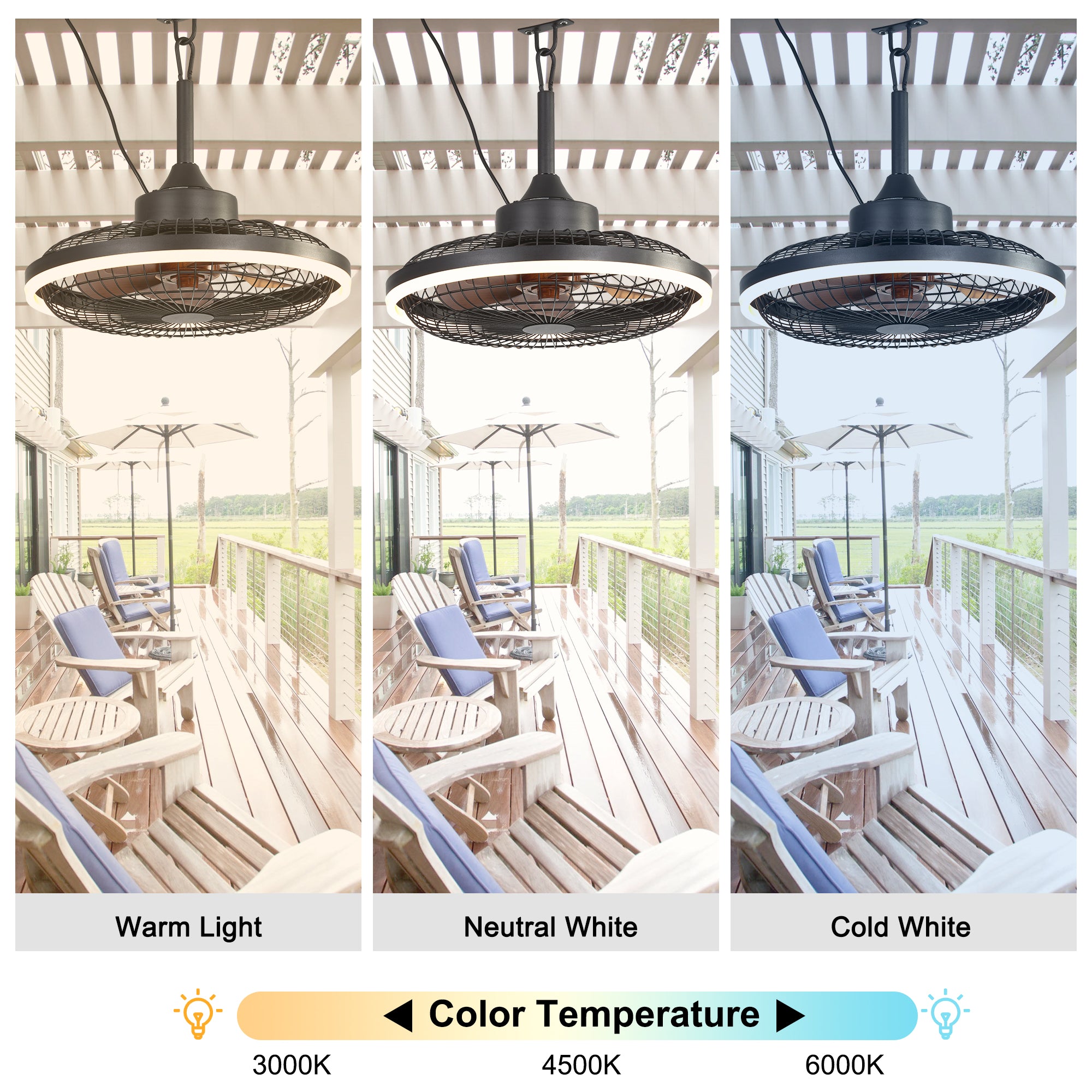 HW2001-BellaDepot 20" Compact Outdoor Caged Ceiling Fan with Remote Control, Waterproof Fan with LED Lights