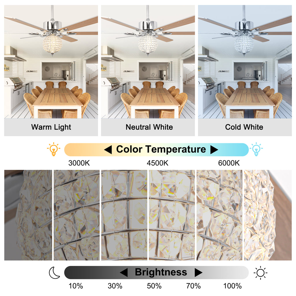65 Inch Modern Luxury Crystal Ceiling Fan with LED Lights and Remote Control, 6 Speeds Reversible Chrome Large Ceiling Fan