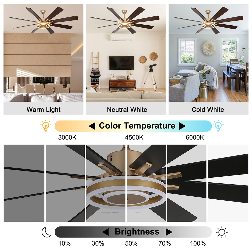 72 Inch Black/Gold/Chrome 8-Blade Modern Extra Large Ceiling Fan with LED Light and Remote, 6 Speeds DC Motor Reversible Ceiling Fan