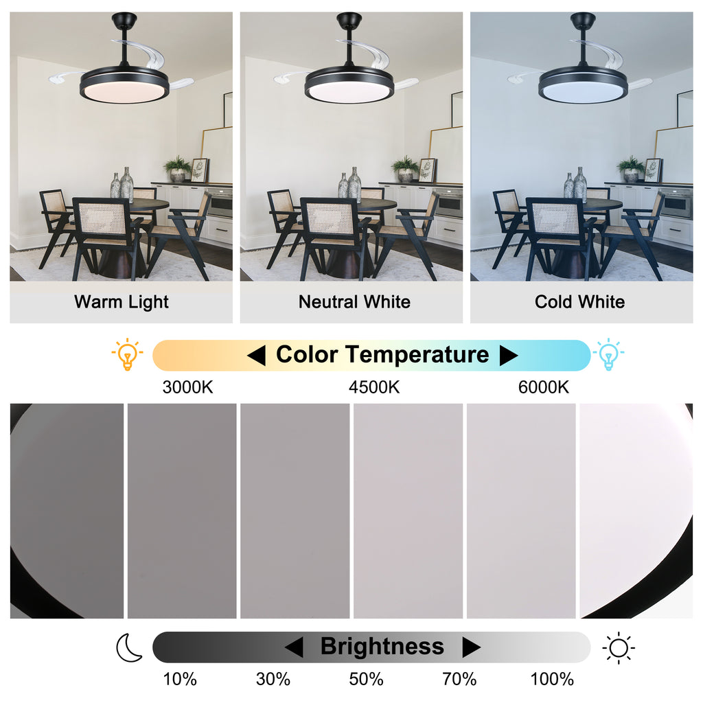 42 Inch Black/Gold/White Modern Retractable Ceiling Fan with LED Light and Remote, 6 Speeds DC Motor Bladeless Ceiling Fan for Bedroom