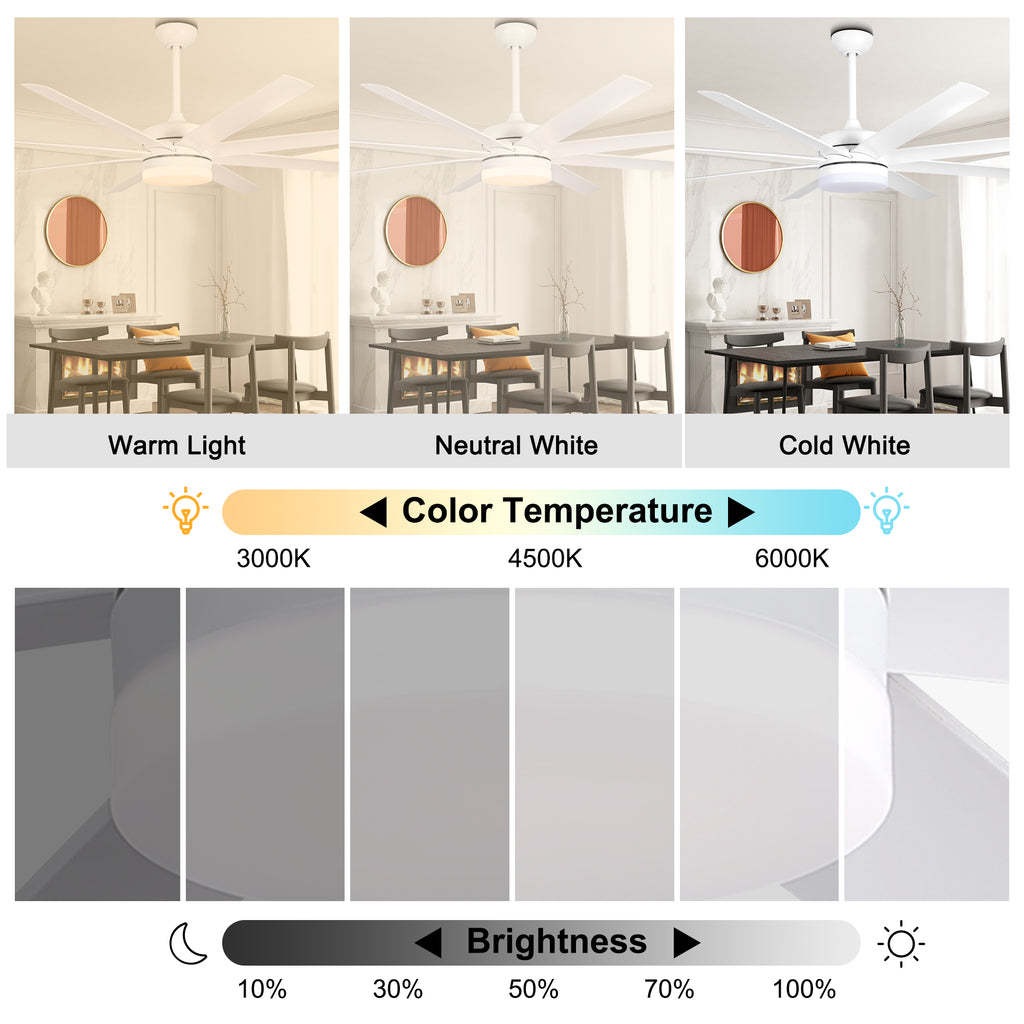 65 Inch Modern White Extra Large Ceiling Fan with LED Light and Remote, 6 Speeds DC Motor Reversible Ceiling Fan for Large Rooms