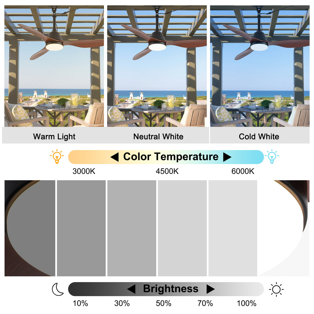 42 Inch Modern Farmhouse Smart Outdoor Ceiling Fan with Dimmable LED and Remote, 6-Speed 3-Blade Waterproof Ceiling Fans Plug In Outside Patio Fan
