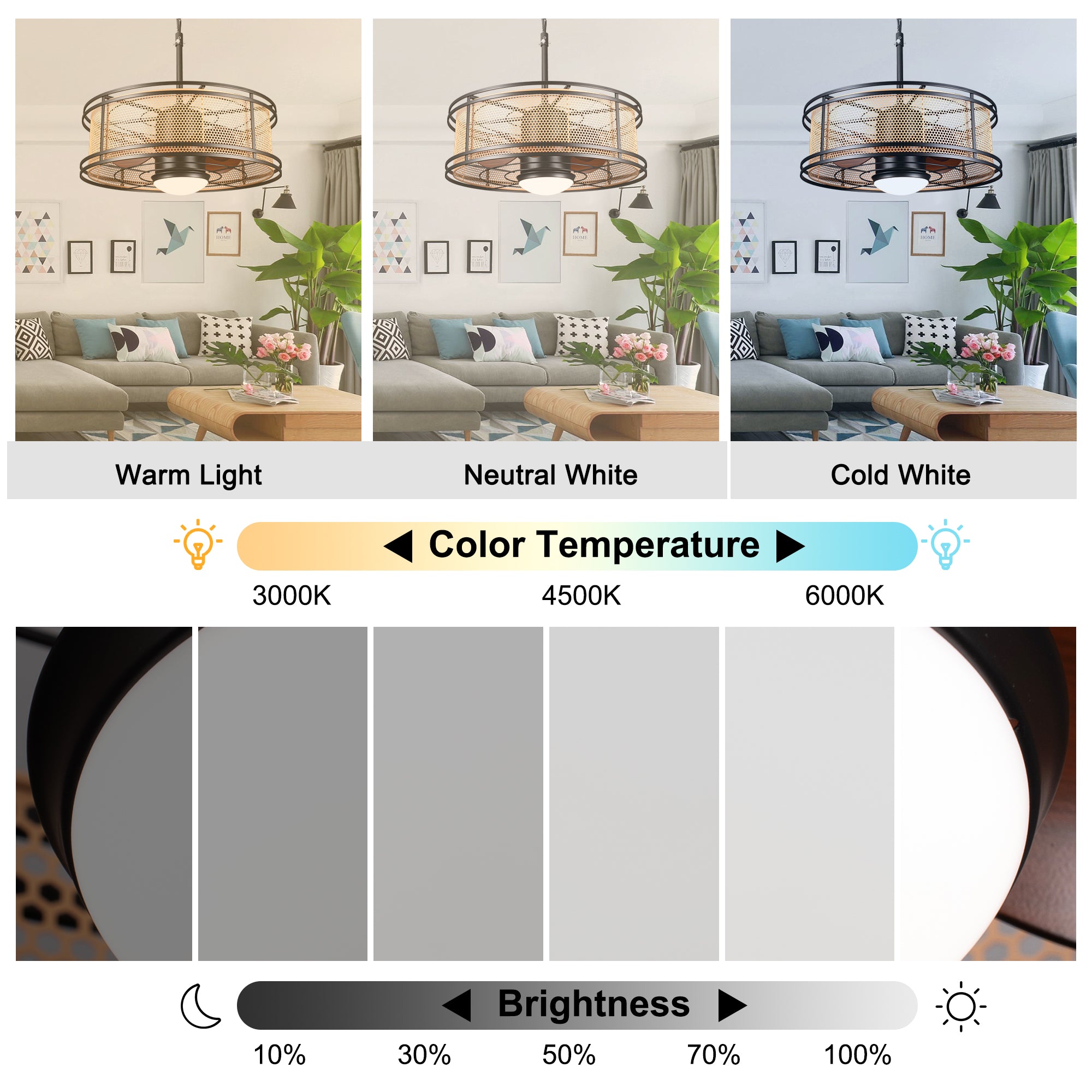 HW2307-BellaDepot 23.6" Imitation Rattan Outdoor Ceiling Fan with Remote and LED Lights, DC Motor 6 Speeds Ceiling Fan