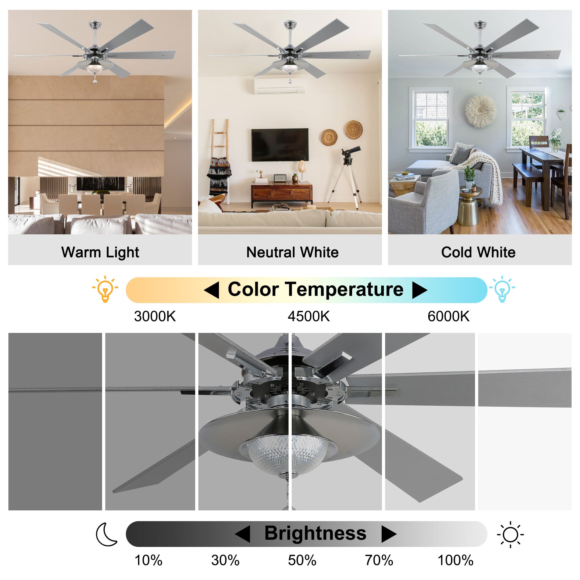 DC7204-BellaDepot 72" Silver/Black Finish Modern Urban Crystal Reversible Ceiling Fan with Remote and LED Light Kit, Large Size Ceiling Fan