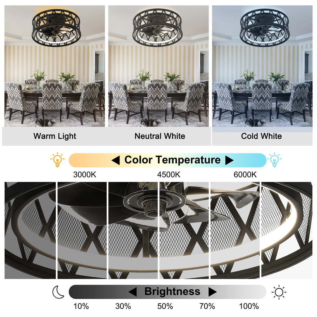 19 Inch Black Industrial Flush Mount Ceiling Fan with Dimmable LED Light, 6 Speed Reversible DC Motor, Low Profile Bladeless Ceiling Fan with Remote and APP Control