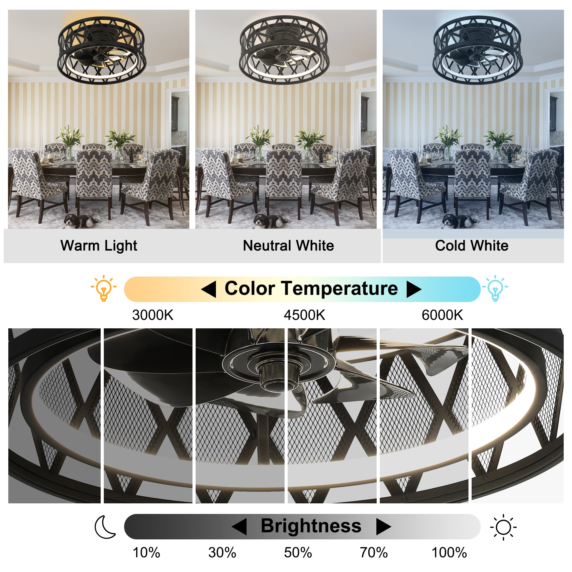 19 Inch Black Industrial Flush Mount Ceiling Fan with Dimmable LED Light, 6 Speed Reversible DC Motor, Low Profile Bladeless Ceiling Fan with Remote and APP Control