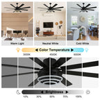 72 Inch Black/Gold/Chrome 8-Blade Modern Extra Large Ceiling Fan with LED Light and Remote, 6 Speeds DC Motor Reversible Ceiling Fan DIY Shade